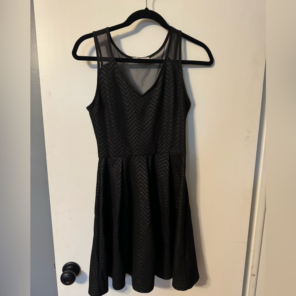 Lush Black Dress - Chevron Pattern - Sheer Top - V Neck